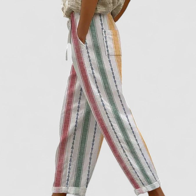 Francesca- Calças casuais para mulher com estampado retro às riscas e corte largo