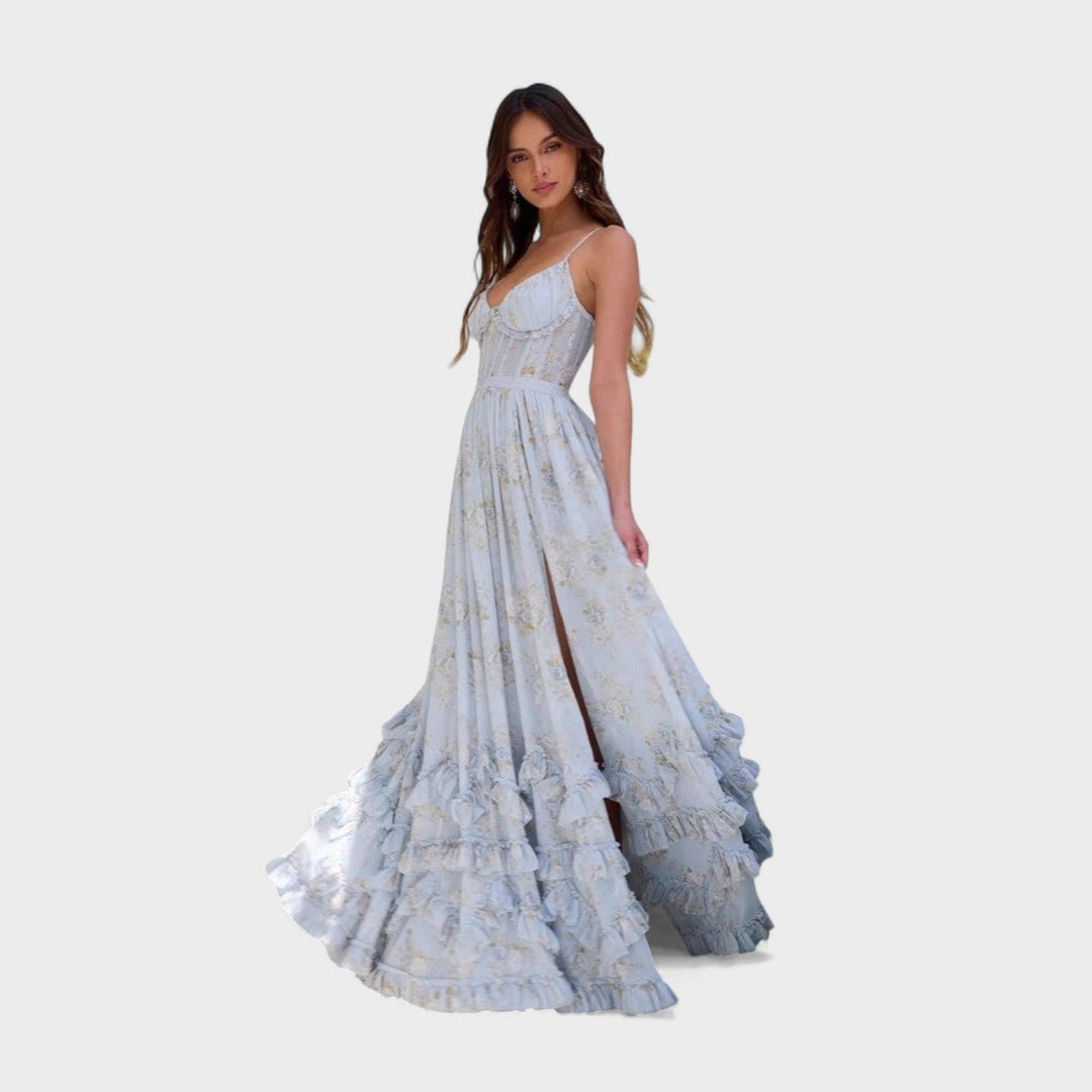 Florencia - Vestido longo boémio com fenda e folhos.