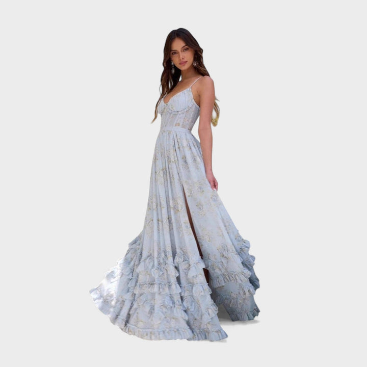 Florencia - Vestido longo boémio com fenda e folhos.