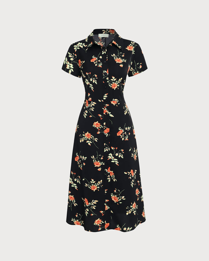Glória | Vestido Midi Preto Floral