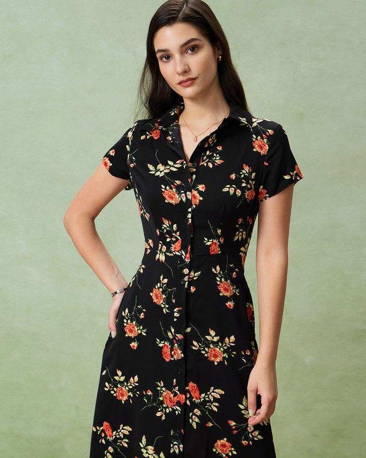 Glória | Vestido Midi Preto Floral