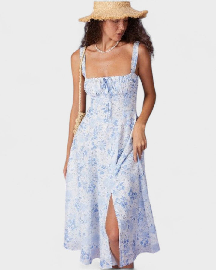 Renata | O Vestido Midi Azul com Estampa Floral, Decote Quadrado e Franzido"