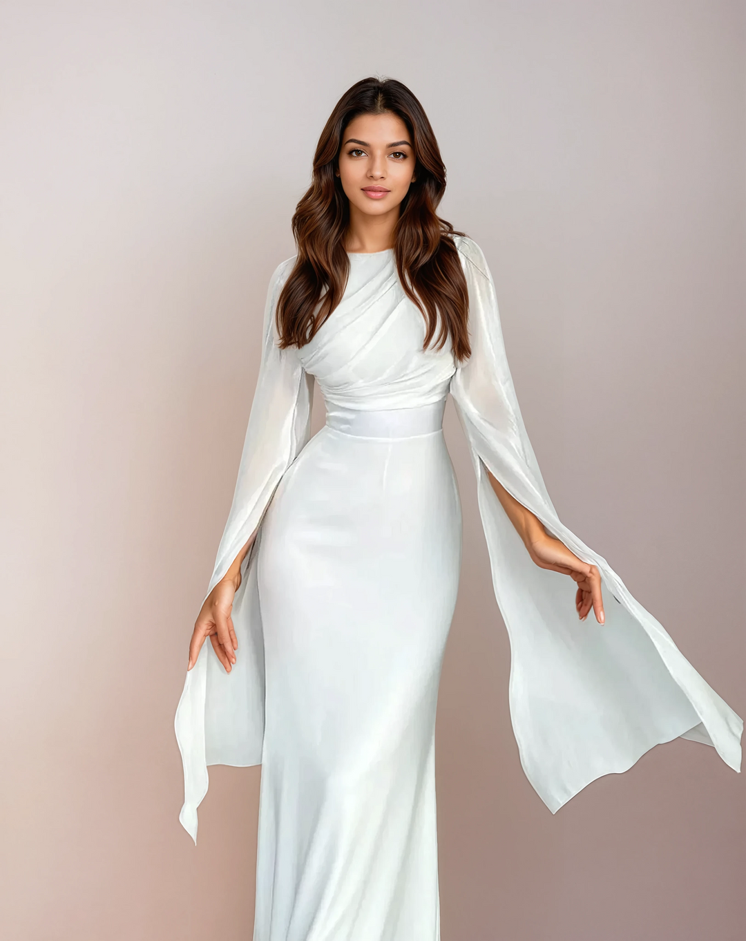 Isabela | Vestido Longo de Cetim Modesto com Mangas Abertas