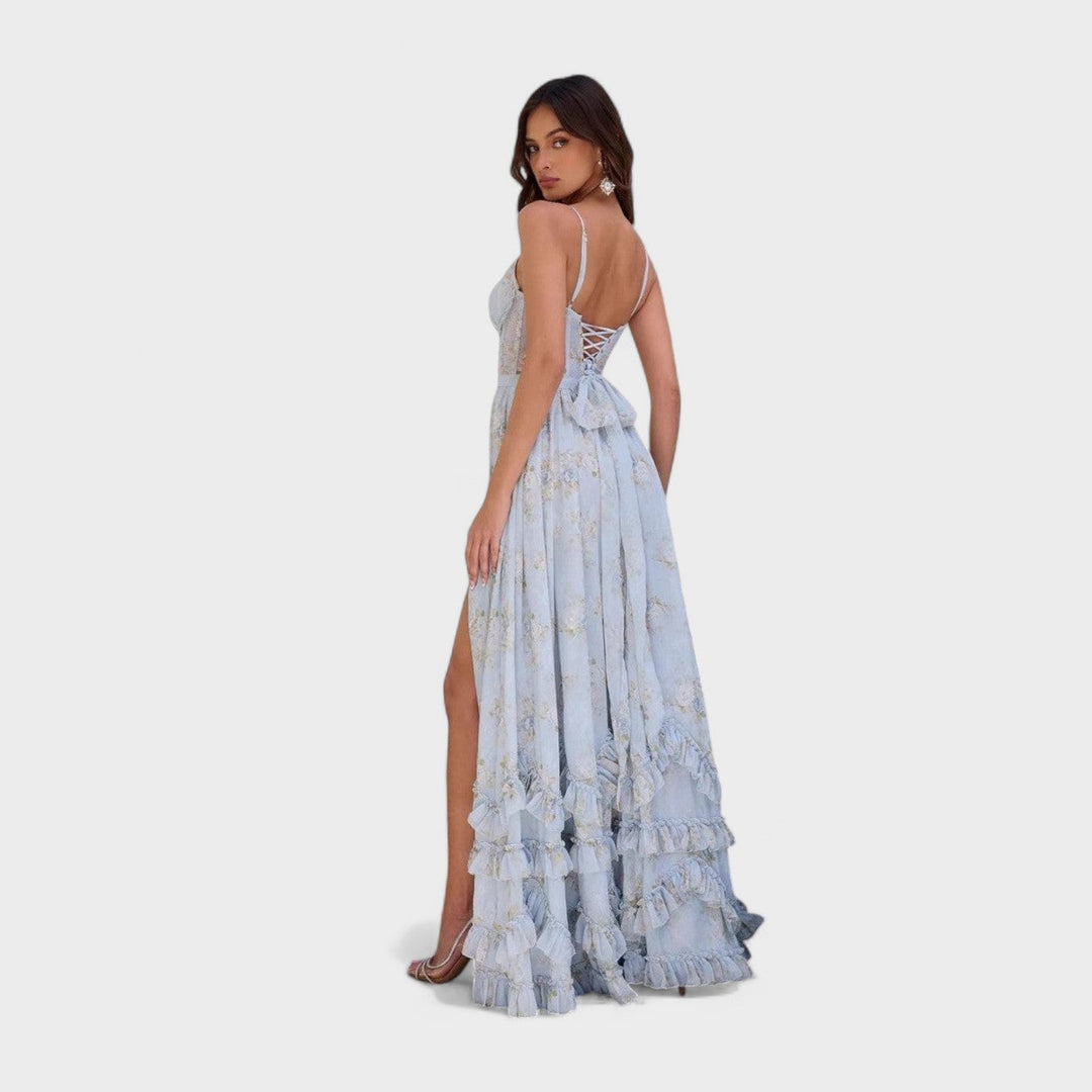 Florencia - Vestido longo boémio com fenda e folhos.