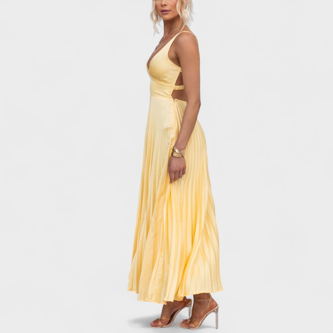 Aby - Vestido maxi amarelo plissado com decote em V