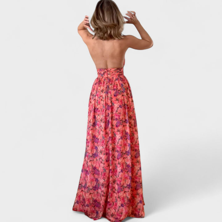 Floraria - Vestido comprido com halteres e costas abertas