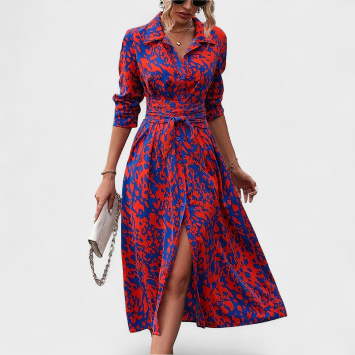 Vestido Bianca – Estilo Animal Print Azul e Vermelho