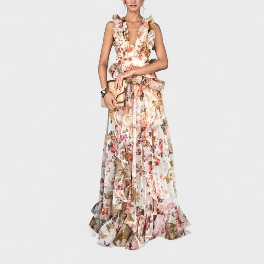 Isabela - Vestido comprido com folhos florais