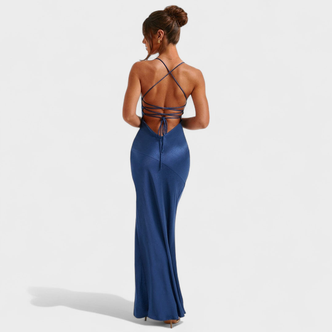 Elena - Vestido de cetim cruzado azul meia-noite