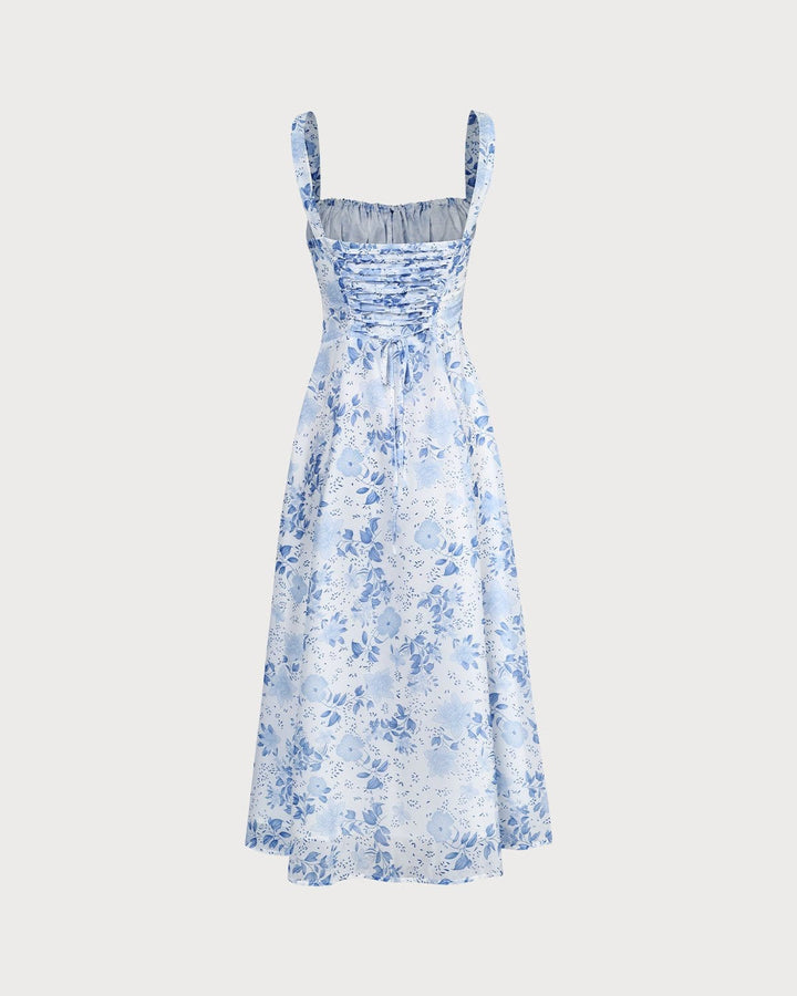 Renata | O Vestido Midi Azul com Estampa Floral, Decote Quadrado e Franzido"