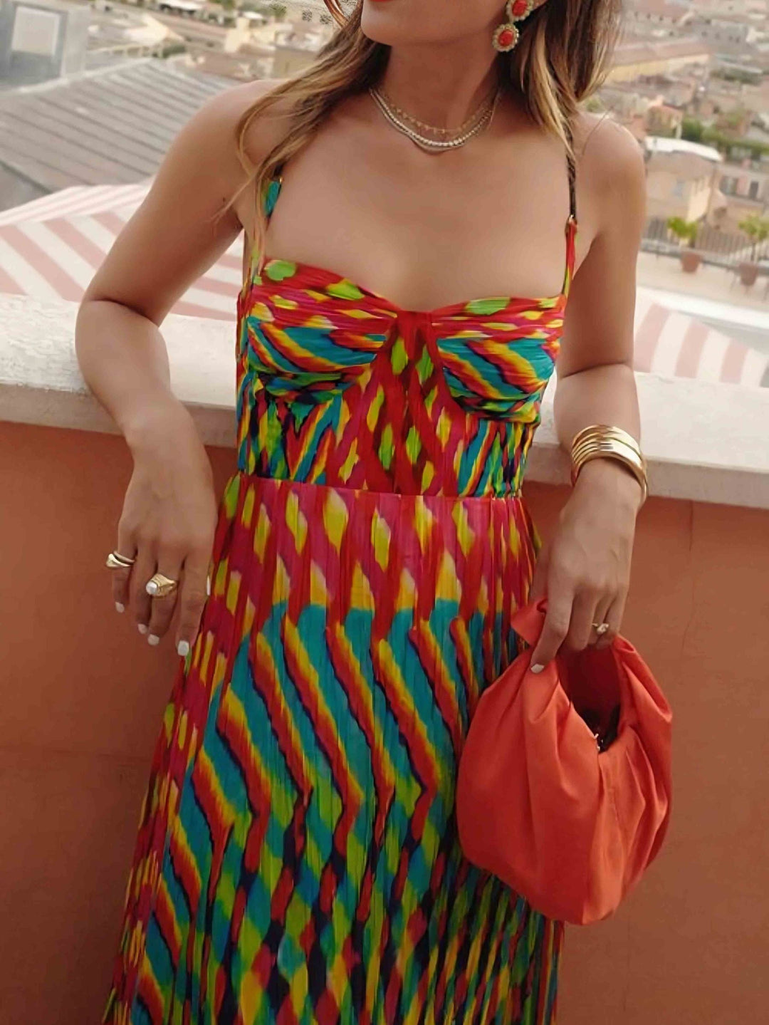 Aria | Vestido Maxi Estampado Abstrato Sem Mangas com Corte A-Line